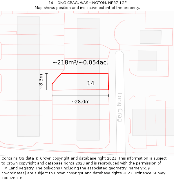 14, LONG CRAG, WASHINGTON, NE37 1GE: Plot and title map