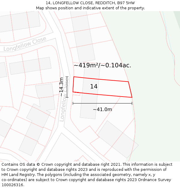 14, LONGFELLOW CLOSE, REDDITCH, B97 5HW: Plot and title map