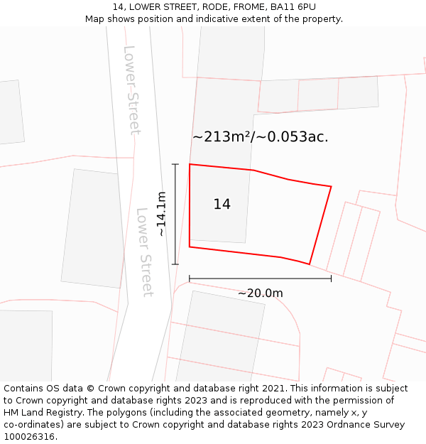 14, LOWER STREET, RODE, FROME, BA11 6PU: Plot and title map