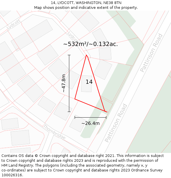 14, LYDCOTT, WASHINGTON, NE38 8TN: Plot and title map