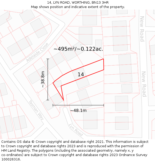 14, LYN ROAD, WORTHING, BN13 3HR: Plot and title map