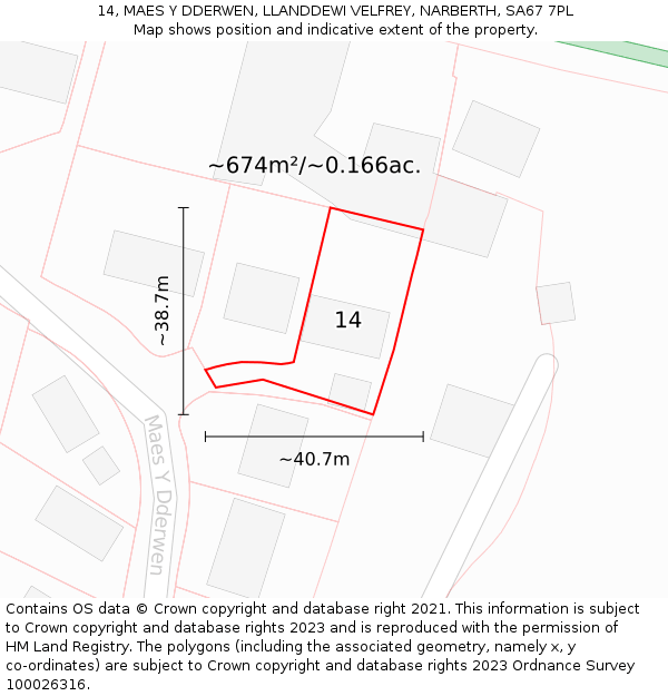 14, MAES Y DDERWEN, LLANDDEWI VELFREY, NARBERTH, SA67 7PL: Plot and title map