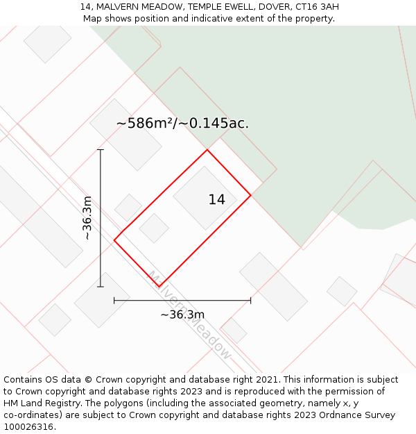 14, MALVERN MEADOW, TEMPLE EWELL, DOVER, CT16 3AH: Plot and title map