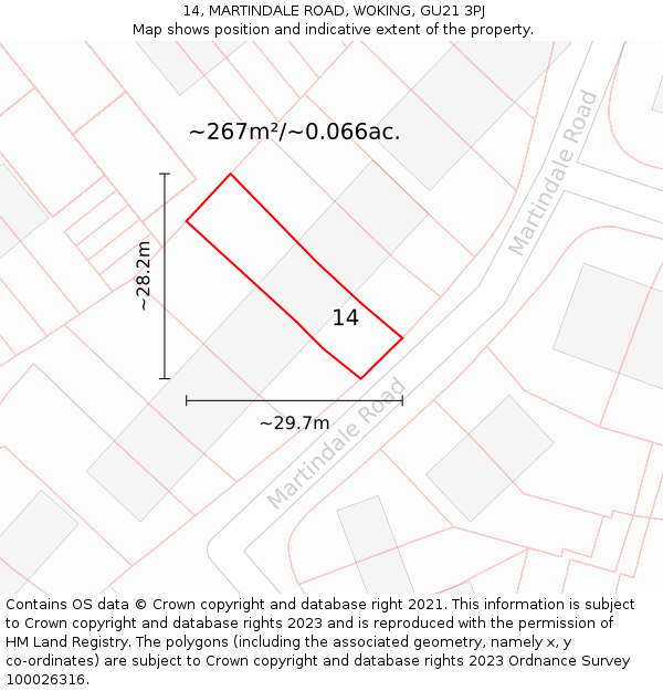 14, MARTINDALE ROAD, WOKING, GU21 3PJ: Plot and title map