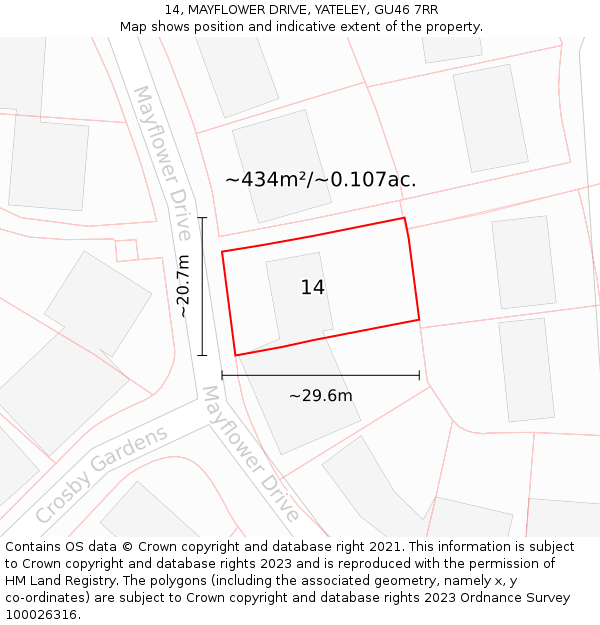 14, MAYFLOWER DRIVE, YATELEY, GU46 7RR: Plot and title map