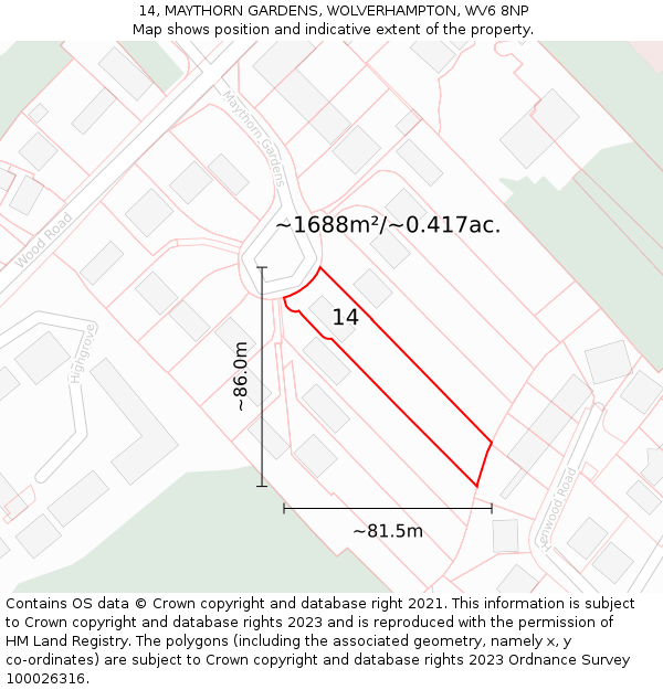 14, MAYTHORN GARDENS, WOLVERHAMPTON, WV6 8NP: Plot and title map