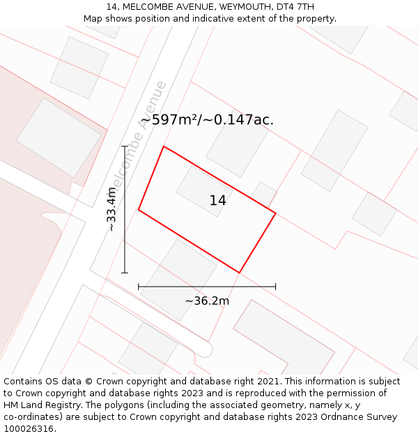 14, MELCOMBE AVENUE, WEYMOUTH, DT4 7TH: Plot and title map