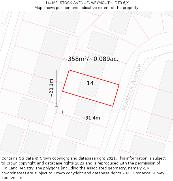 14, MELSTOCK AVENUE, WEYMOUTH, DT3 6JX: Plot and title map