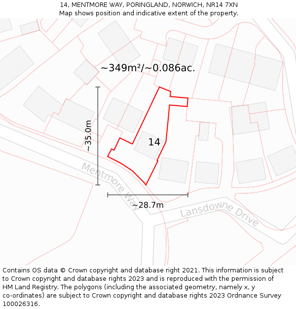 14, MENTMORE WAY, PORINGLAND, NORWICH, NR14 7XN: Plot and title map