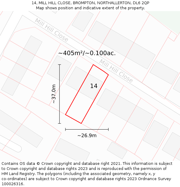 14, MILL HILL CLOSE, BROMPTON, NORTHALLERTON, DL6 2QP: Plot and title map