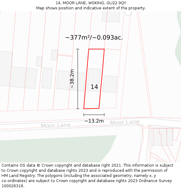 14, MOOR LANE, WOKING, GU22 9QY: Plot and title map