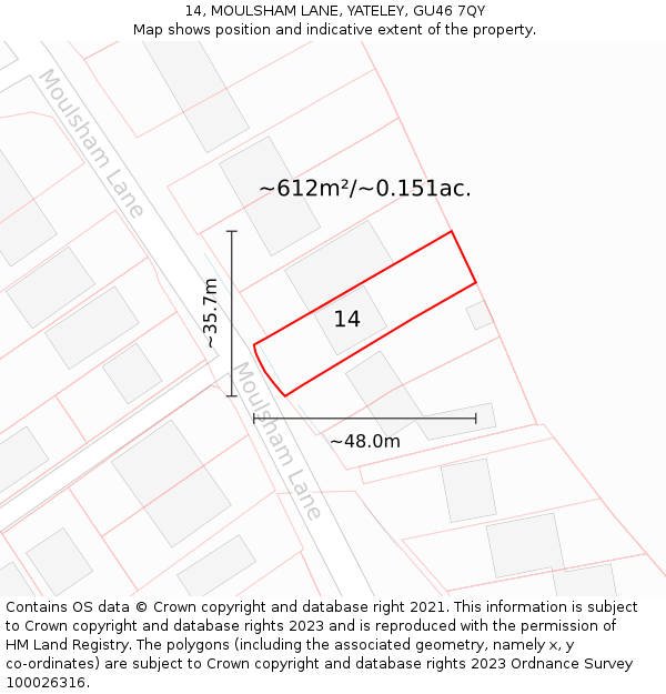 14, MOULSHAM LANE, YATELEY, GU46 7QY: Plot and title map