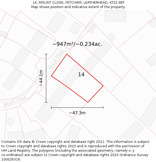 14, MOUNT CLOSE, FETCHAM, LEATHERHEAD, KT22 9EF: Plot and title map