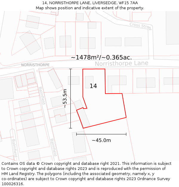 14, NORRISTHORPE LANE, LIVERSEDGE, WF15 7AA: Plot and title map