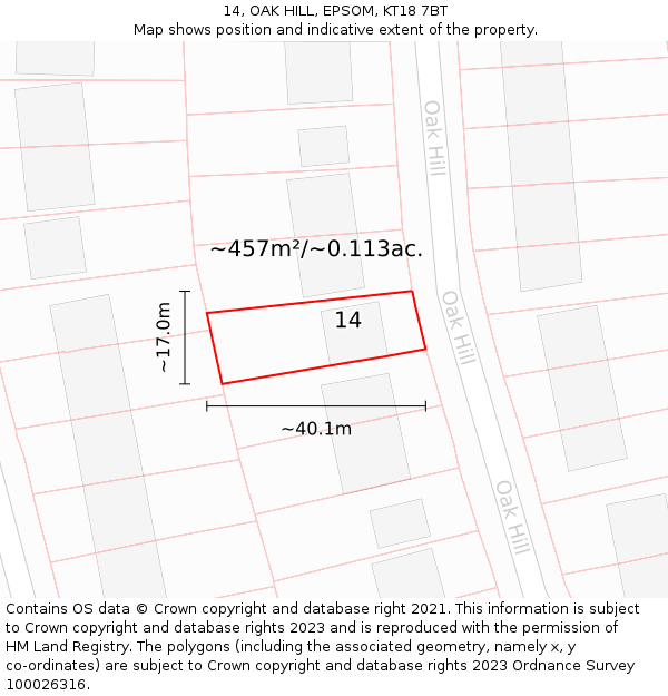 14, OAK HILL, EPSOM, KT18 7BT: Plot and title map