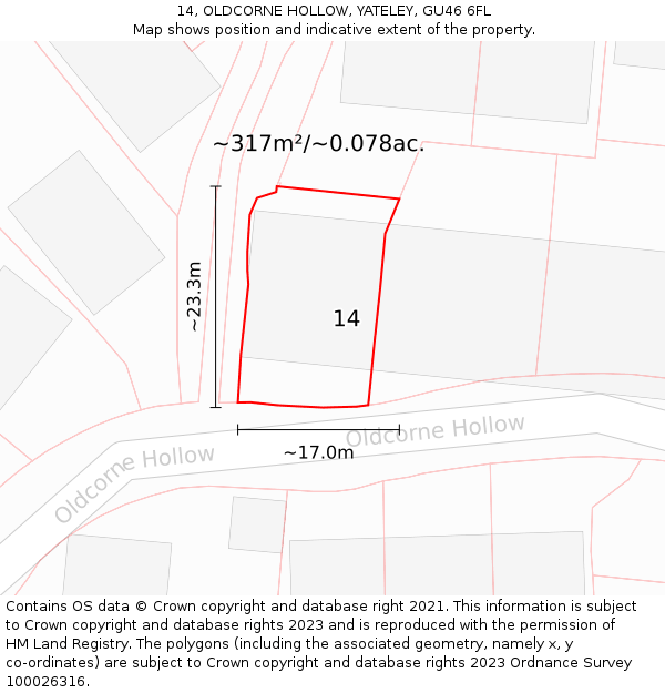 14, OLDCORNE HOLLOW, YATELEY, GU46 6FL: Plot and title map