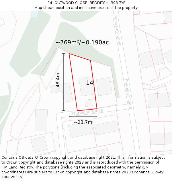 14, OUTWOOD CLOSE, REDDITCH, B98 7YE: Plot and title map