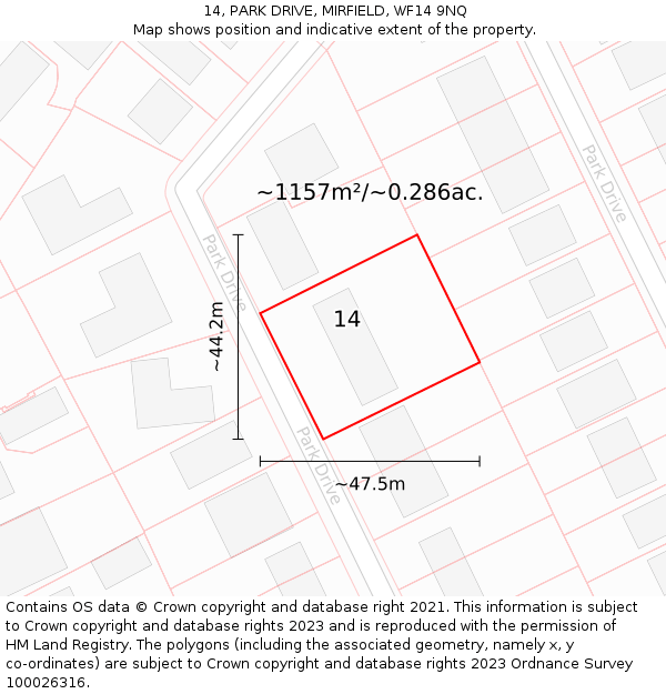 14, PARK DRIVE, MIRFIELD, WF14 9NQ: Plot and title map