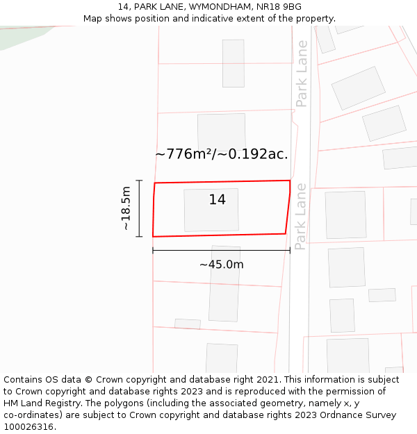 14, PARK LANE, WYMONDHAM, NR18 9BG: Plot and title map