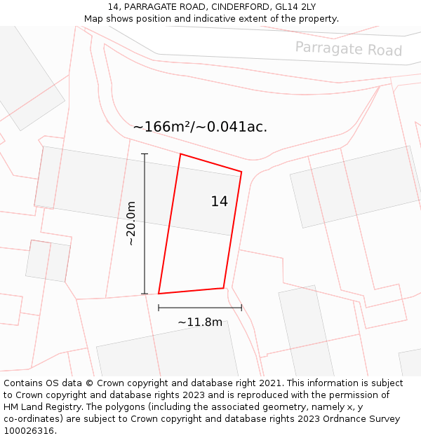 14, PARRAGATE ROAD, CINDERFORD, GL14 2LY: Plot and title map