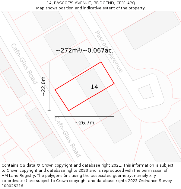 14, PASCOE'S AVENUE, BRIDGEND, CF31 4PQ: Plot and title map