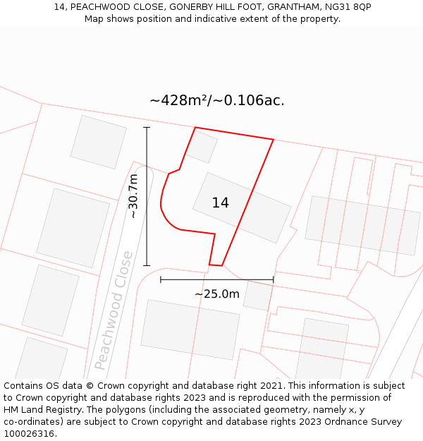 14, PEACHWOOD CLOSE, GONERBY HILL FOOT, GRANTHAM, NG31 8QP: Plot and title map