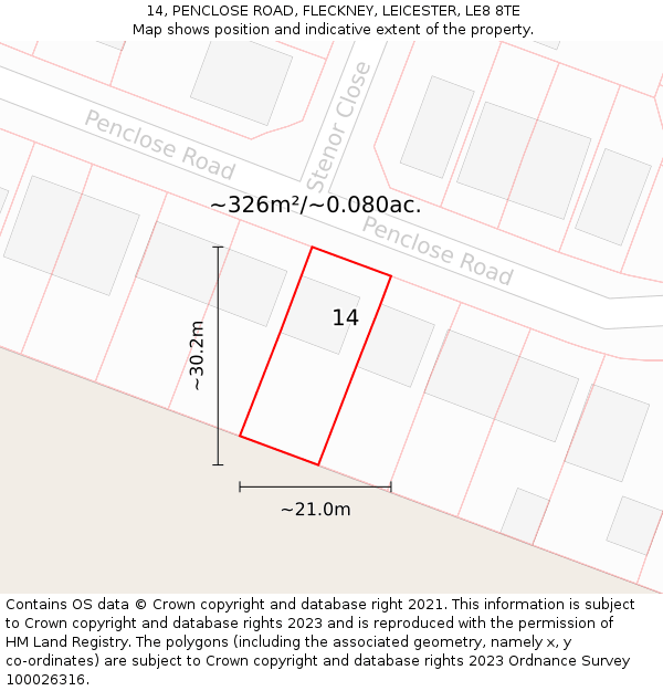 14, PENCLOSE ROAD, FLECKNEY, LEICESTER, LE8 8TE: Plot and title map