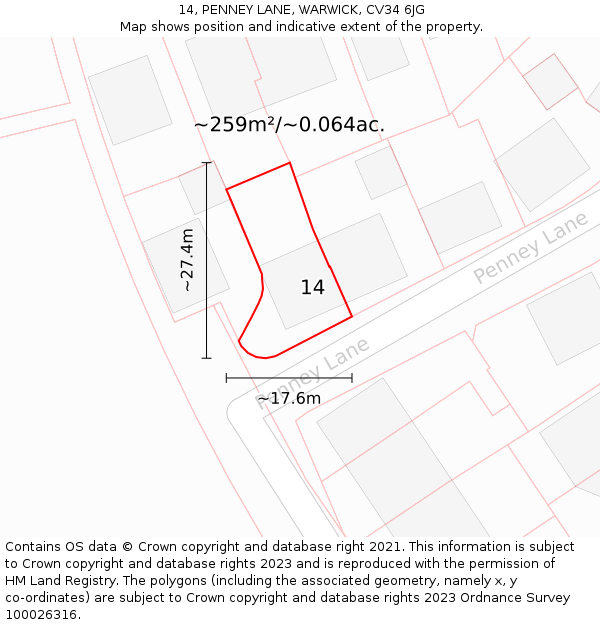 14, PENNEY LANE, WARWICK, CV34 6JG: Plot and title map