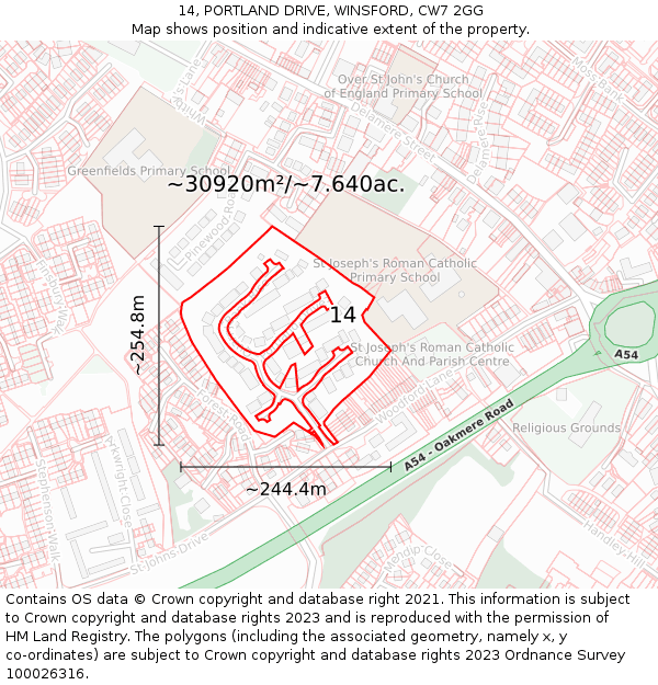 14, PORTLAND DRIVE, WINSFORD, CW7 2GG: Plot and title map