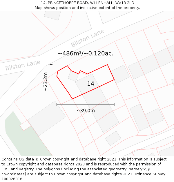 14, PRINCETHORPE ROAD, WILLENHALL, WV13 2LD: Plot and title map