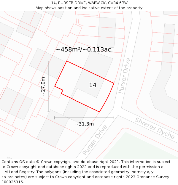 14, PURSER DRIVE, WARWICK, CV34 6BW: Plot and title map