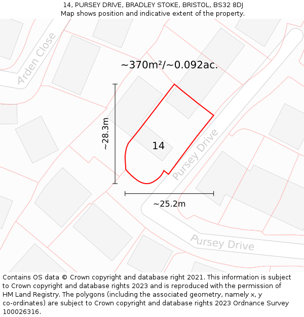 14, PURSEY DRIVE, BRADLEY STOKE, BRISTOL, BS32 8DJ: Plot and title map