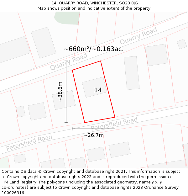 14, QUARRY ROAD, WINCHESTER, SO23 0JG: Plot and title map