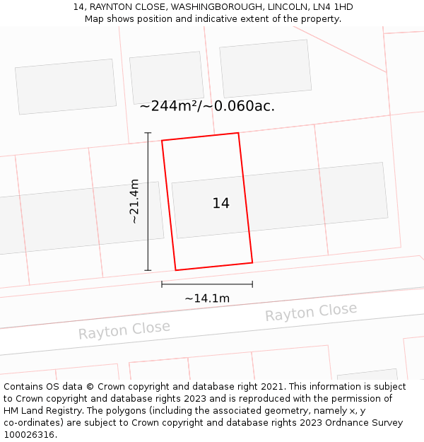 14, RAYNTON CLOSE, WASHINGBOROUGH, LINCOLN, LN4 1HD: Plot and title map