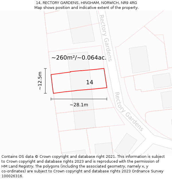 14, RECTORY GARDENS, HINGHAM, NORWICH, NR9 4RG: Plot and title map