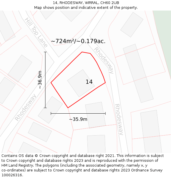 14, RHODESWAY, WIRRAL, CH60 2UB: Plot and title map