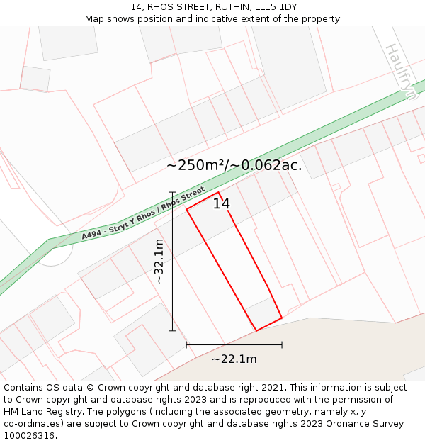 14, RHOS STREET, RUTHIN, LL15 1DY: Plot and title map
