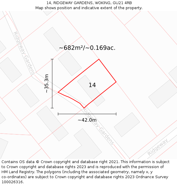 14, RIDGEWAY GARDENS, WOKING, GU21 4RB: Plot and title map