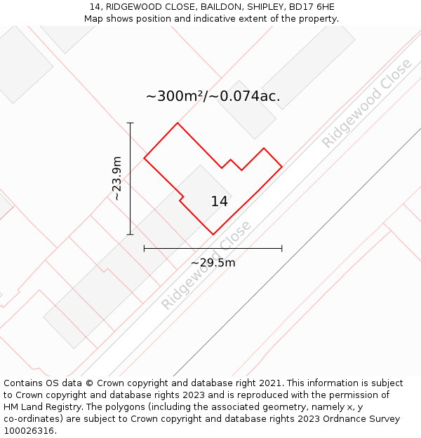 14, RIDGEWOOD CLOSE, BAILDON, SHIPLEY, BD17 6HE: Plot and title map