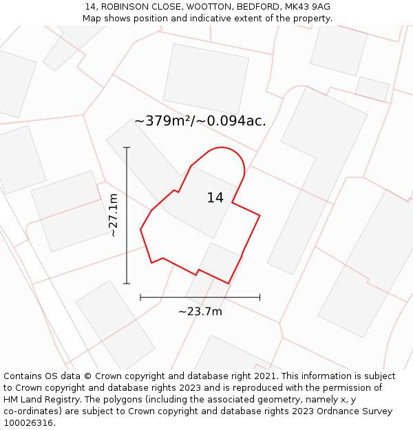 14, ROBINSON CLOSE, WOOTTON, BEDFORD, MK43 9AG: Plot and title map