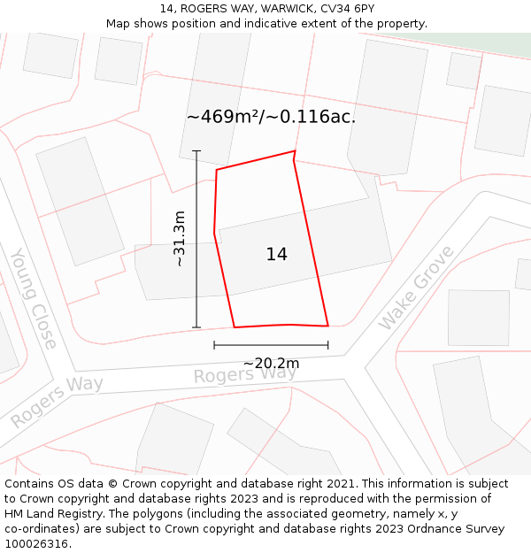 14, ROGERS WAY, WARWICK, CV34 6PY: Plot and title map