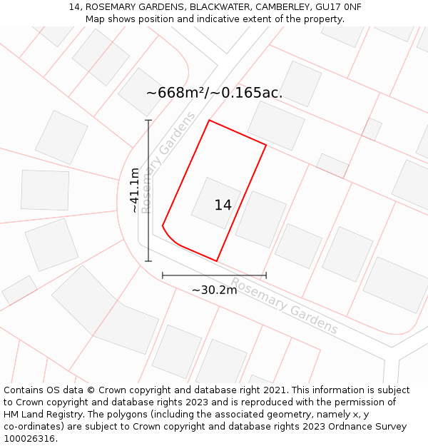 14, ROSEMARY GARDENS, BLACKWATER, CAMBERLEY, GU17 0NF: Plot and title map