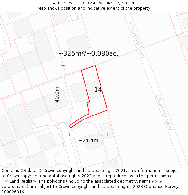 14, ROSEWOOD CLOSE, WORKSOP, S81 7RD: Plot and title map