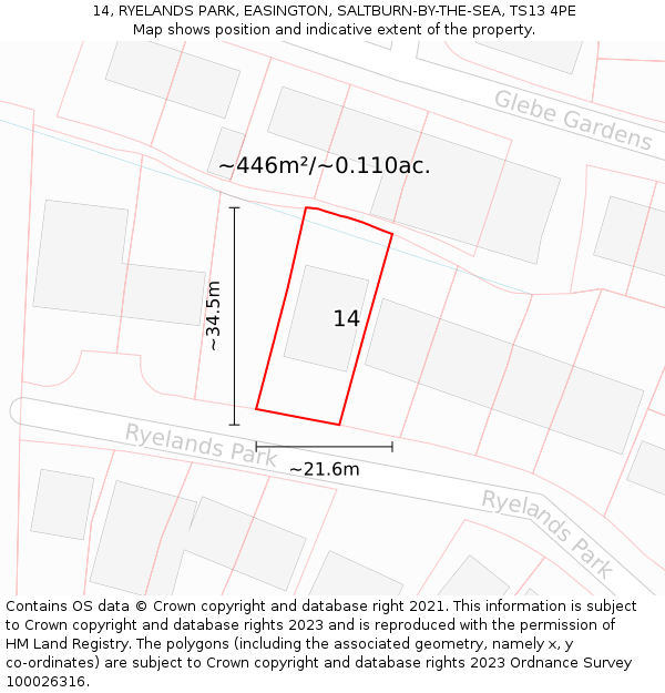 14, RYELANDS PARK, EASINGTON, SALTBURN-BY-THE-SEA, TS13 4PE: Plot and title map