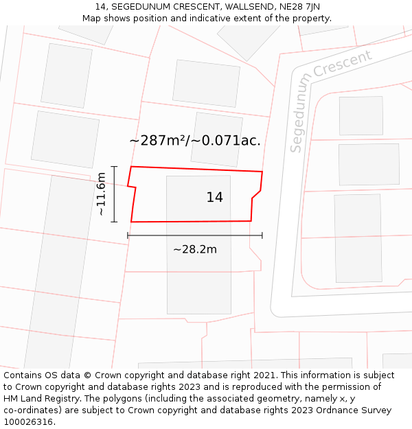 14, SEGEDUNUM CRESCENT, WALLSEND, NE28 7JN: Plot and title map
