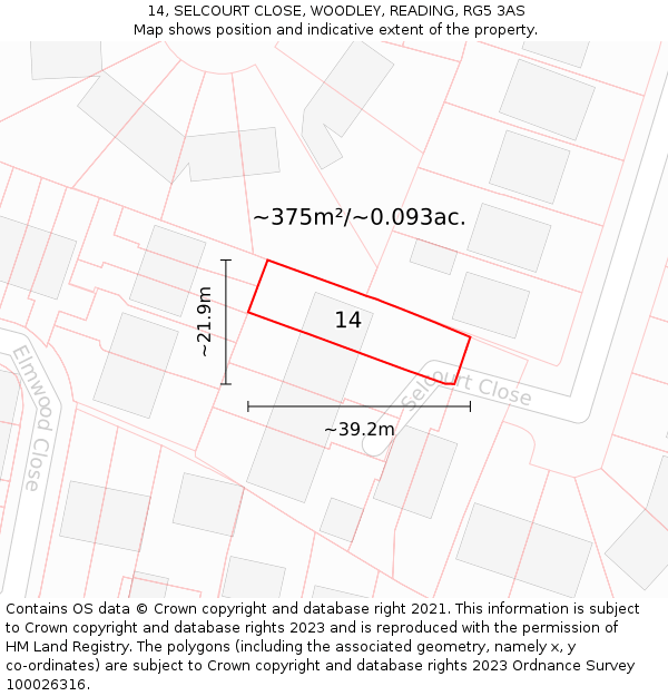 14, SELCOURT CLOSE, WOODLEY, READING, RG5 3AS: Plot and title map