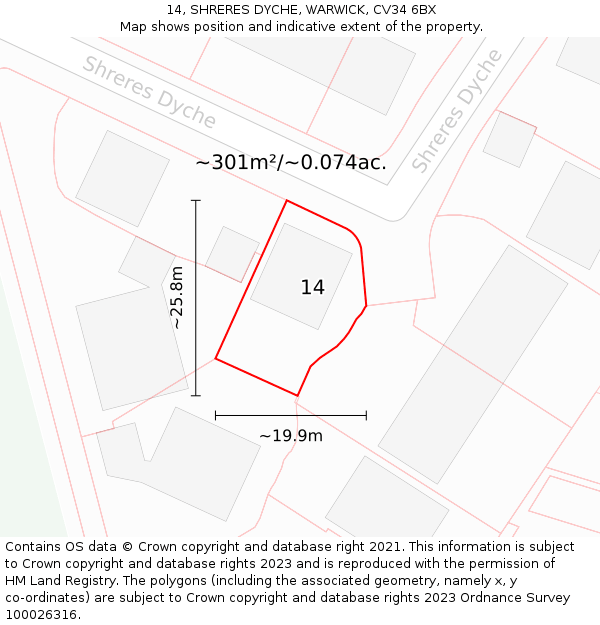 14, SHRERES DYCHE, WARWICK, CV34 6BX: Plot and title map