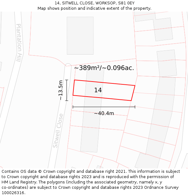 14, SITWELL CLOSE, WORKSOP, S81 0EY: Plot and title map