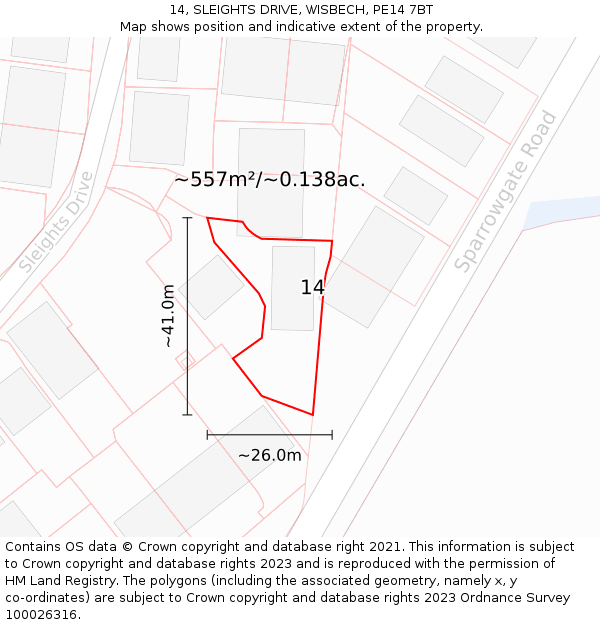 14, SLEIGHTS DRIVE, WISBECH, PE14 7BT: Plot and title map