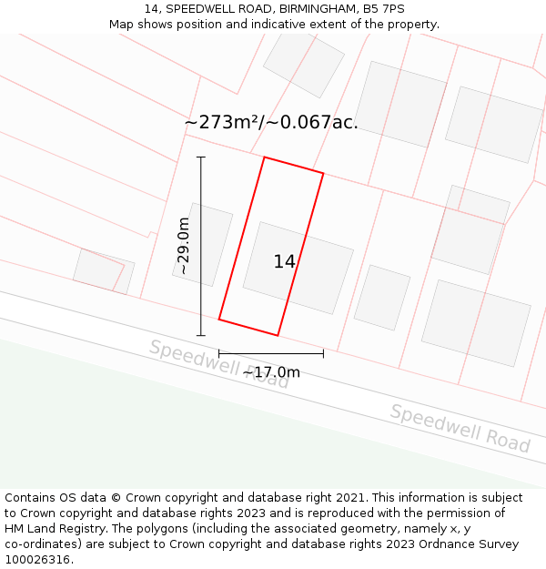 14, SPEEDWELL ROAD, BIRMINGHAM, B5 7PS: Plot and title map